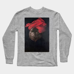 Portrait of a Black Pug in a Red Turban Long Sleeve T-Shirt